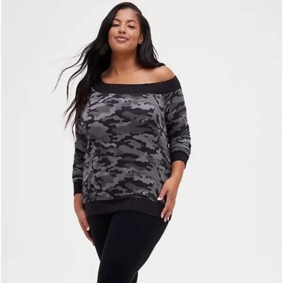Torrid Gray Camo Off-the-Shoulder Sweater - Picture 1 of 4